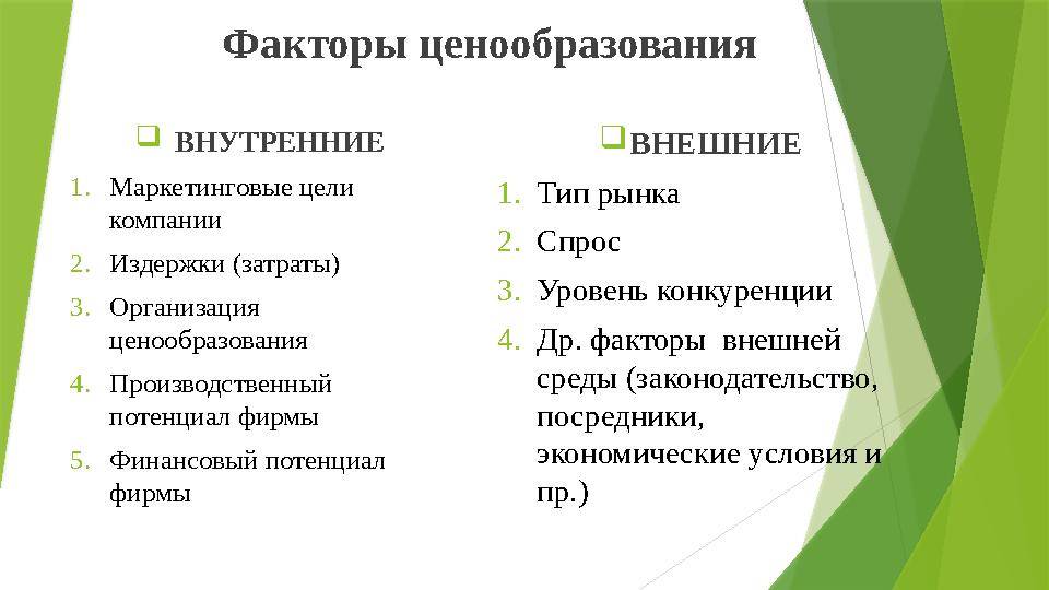 Факторы ценообразования  ВНУТРЕННИЕ 1. Маркетинговые цели компании 2. Издержки (затраты) 3. Организация ценообразования 4. Пр