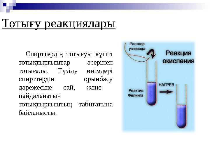 Тотығу реакциялары Спирттердің тотығуы күшті тотықтырғыштар әсерінен тотығады. Түзілу өнімдері спирттердін орын