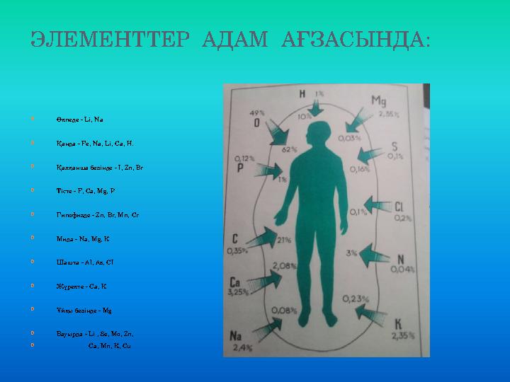 ЭЛЕМЕНТТЕР АДАМ АҒЗАСЫНДА:  Өкпеде - L і, N а  Қанда - Ғе, N а, L і, Са, Н.  Қалқанша безінде -