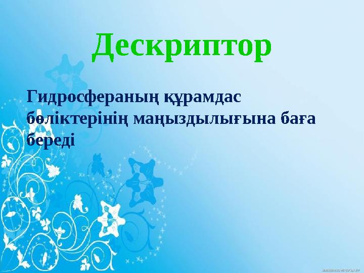 Дескриптор Гидросфераның құрамдас бөліктерінің маңыздылығына баға береді