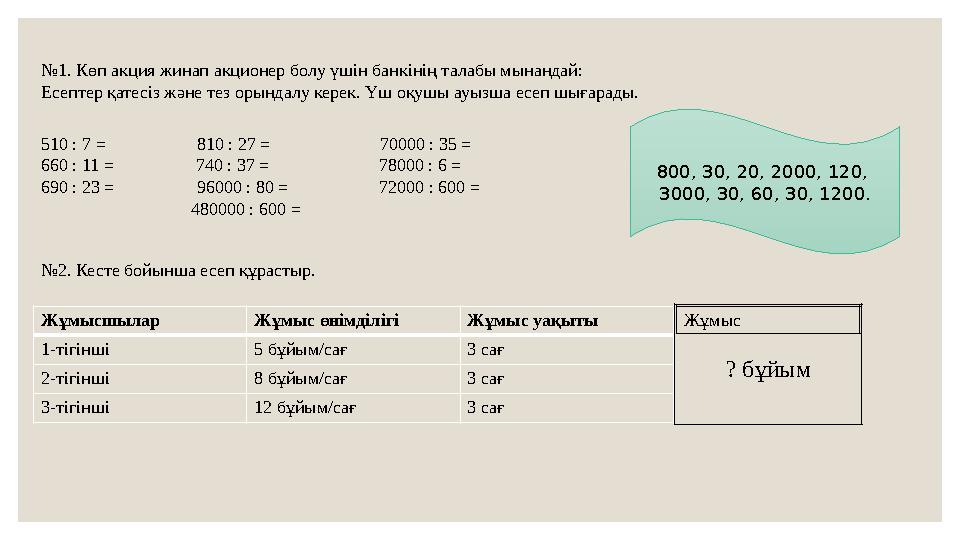 № 1. Көп акция жинап акционер болу үшін банкінің талабы мынандай: Есептер қатесіз және тез орындалу керек. Үш оқушы ауызша есеп