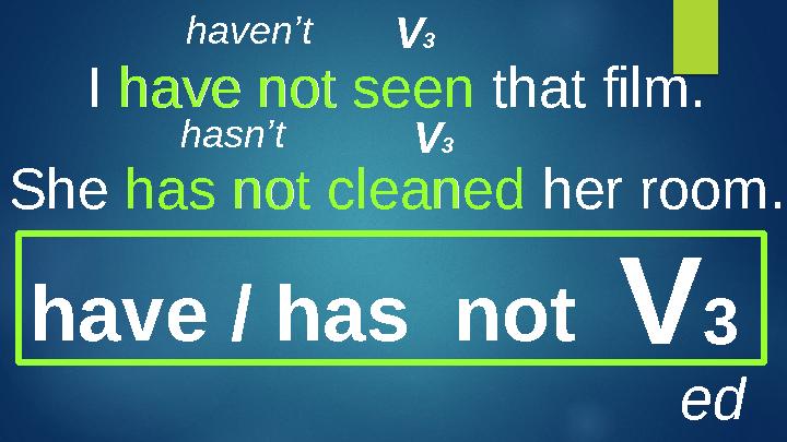 I have not seen that film. She has not cleaned her room. have / has not V 3 edhave not seen has not cleaned V 3 V 3haven’t hasn