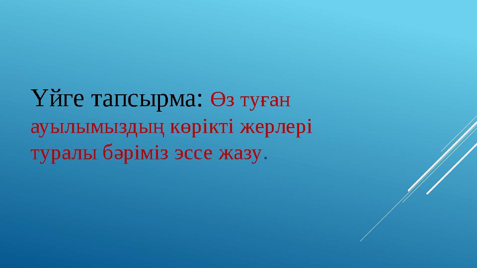 Үйге тапсырма: Өз туған ауылымыздың көрікті жерлері туралы бәріміз эссе жазу .