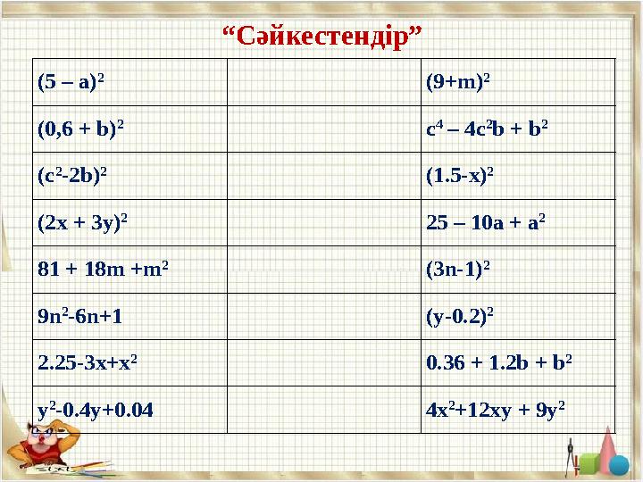 “ Сәйкестендір” (5 – а) 2 (9+m) 2 (0,6 + b) 2 c 4 – 4c 2 b + b 2 (c 2 -2b) 2 (1.5-x) 2 (2x + 3y) 2 25 – 10а + а 2 81 + 18m +m