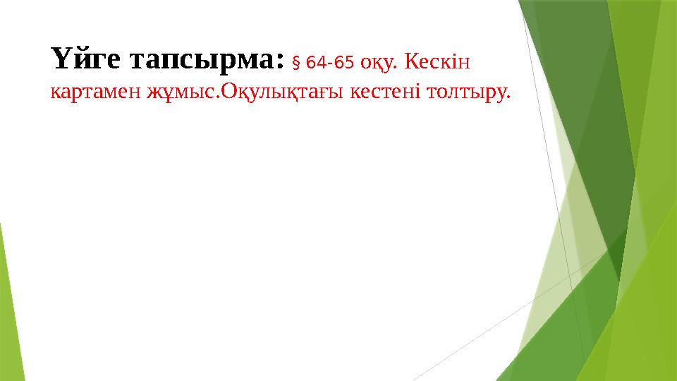 Үйге тапсырма: § 64-65 оқу. Кескін картамен жұмыс.Оқулықтағы кестені толтыру.