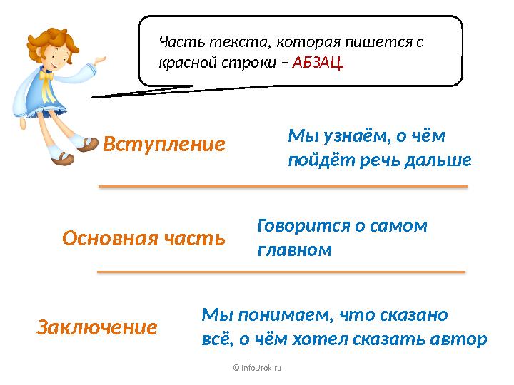 © InfoUrok.ru Мы узнаём, о чём пойдёт речь дальшеВступление Основная часть Говорится о самом главном Заключение Мы понимаем, ч