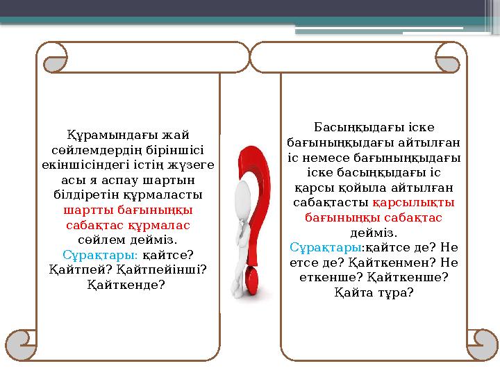 Құрамындағы жай сөйлемдердің біріншісі екіншісіндегі істің жүзеге асы я аспау шартын білдіретін құрмаласты шартты бағыныңқы