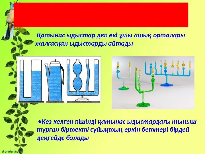 Жаңа сабақ Қатынас ыдыстар деп екі ұшы ашық орталары жалғасқан ыдыстарды айтады • Кез келген пішінді қатынас ыдыстардағы тын