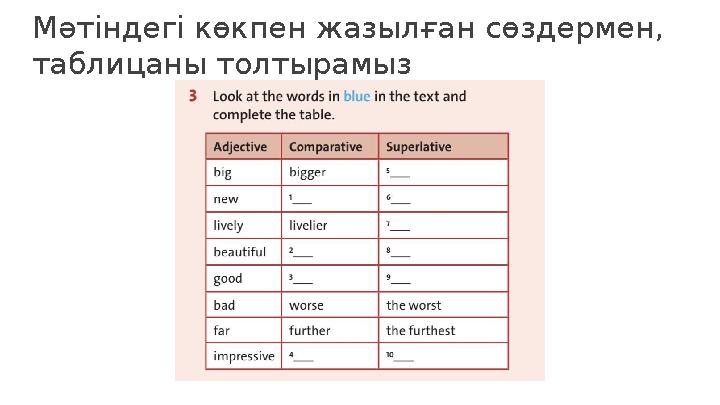 Мәтіндегі көкпен жазылған сөздермен, таблицаны толтырамыз