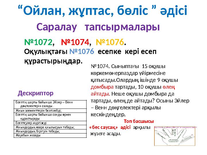 Саралау тапсырмалары № 1072 , №1074 , №1076 . Оқулықтағы №1076 есепке кері есеп құрастырыңдар.“ О йлан, жұптас, бө