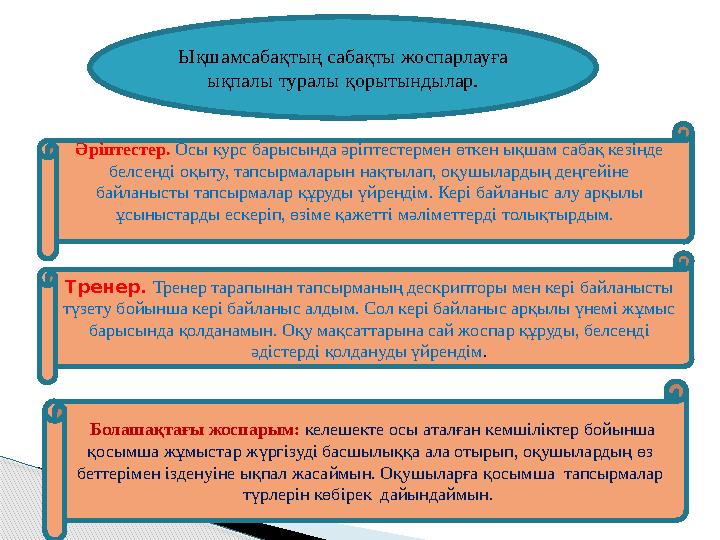 Болашақтағы жоспарым: келешекте осы аталған кемшіліктер бойынша қосымша жұмыстар жүргізуді басшылыққа ала отырып, оқушыларды