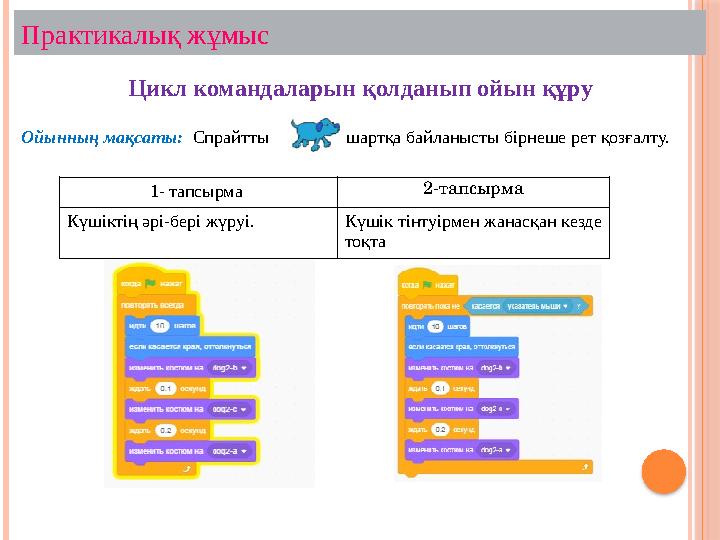 Практикалық жұмыс Цикл командаларын қолданып ойын құру Ойынның мақсаты: Спрайтты шартқа байланысты бірнеше рет