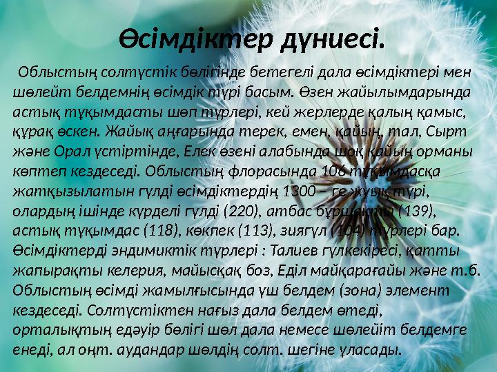 Өсімдіктері.Өсімдіктер дүниесі. Облыстың солтүстік бөлігінде бетегелі дала өсімдіктері мен шөлейт белдемнің өсімдік түрі бас