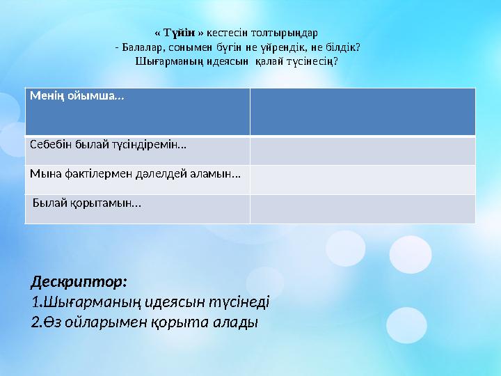 « Түйін » кестесін толтырыңдар - Балалар, сонымен бүгін не үйрендік, не білдік? Шығарманың идеясын қалай түсінесің? Менің ойы