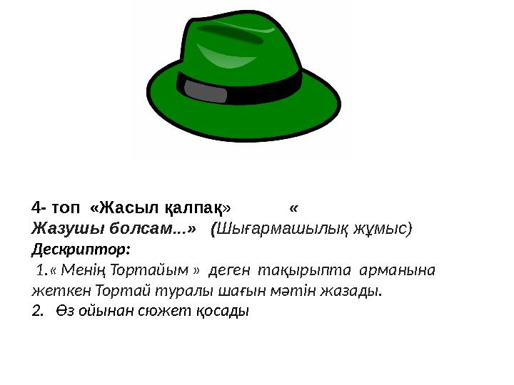 4- топ «Жасыл қалпақ » « Жазушы болсам...» ( Шығармашылық жұмыс) Дескриптор: 1.« Менің Тортайым » деген тақыр
