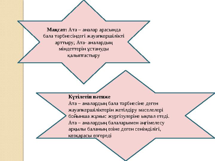 Мақсат: Ата – аналар арасында бала тәрбиесіндегі жауапкершілікті арттыру; Ата- аналардың міндеттерін ұстануды қалыптастыру