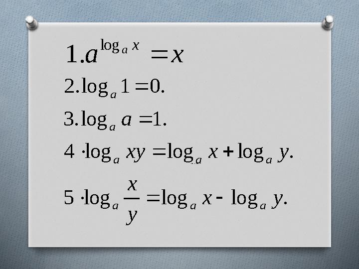  0,0aаа х a x a  log . 1 . log log log 5 . log log log 4 . 1 log . 3 . 0 1 log . 2 y x y x y x xy a a a a a a