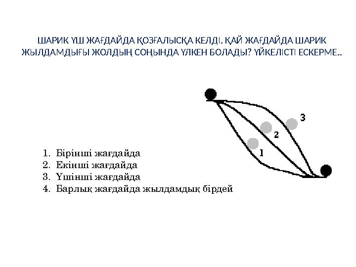 ШАРИК ҮШ ЖАҒДАЙДА ҚОЗҒАЛЫСҚА КЕЛДІ. ҚАЙ ЖАҒДАЙДА ШАРИК ЖЫЛДАМДЫҒЫ ЖОЛДЫҢ СОҢЫНДА ҮЛКЕН БОЛАДЫ? ҮЙКЕЛІСТІ ЕСКЕРМЕ.. 1. Бірінші ж