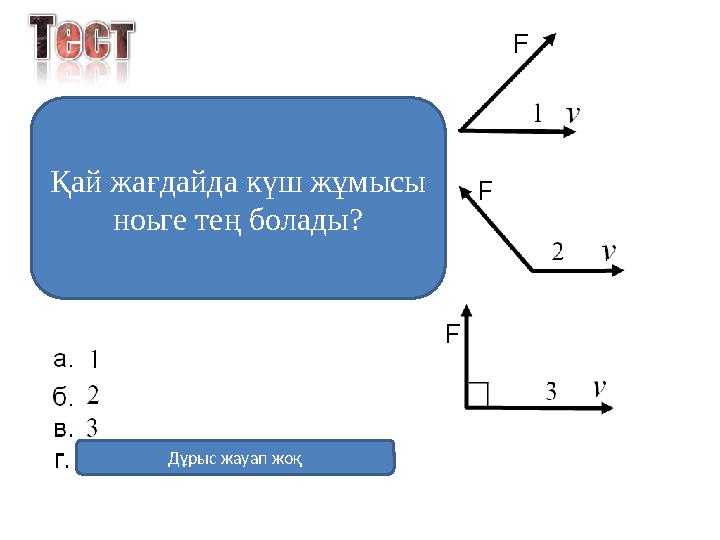 Қай жағдайда күш жұмысы ноьге тең болады? Дұрыс жауап жоқ