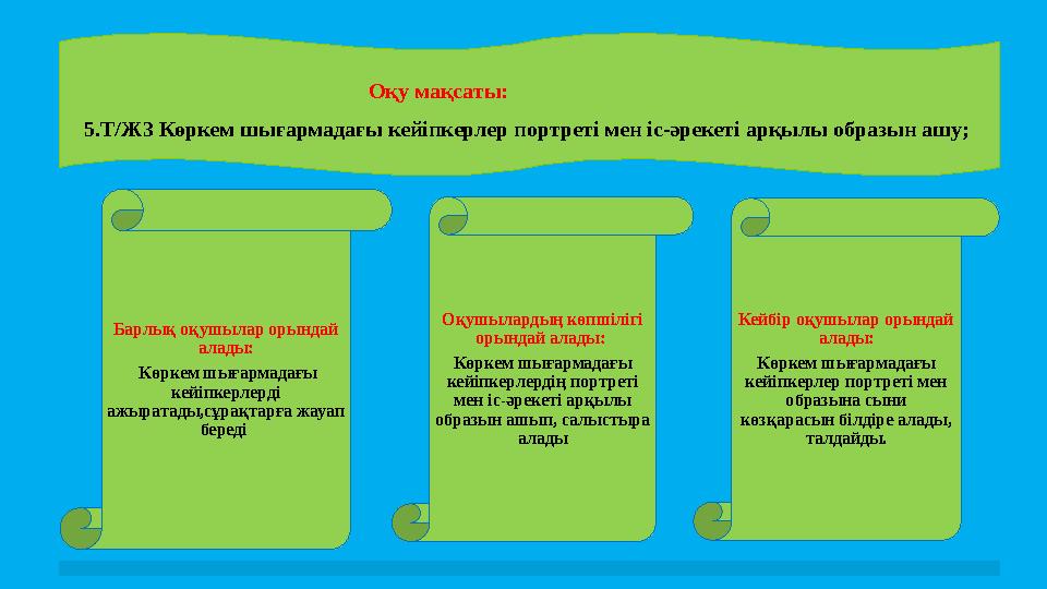 Оқу мақсаты: 5.Т/Ж3 Көркем шығармадағы кейіпкерлер портреті мен іс-әрекеті арқылы обра