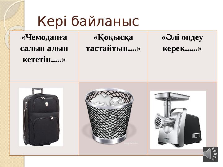 Кері байланыс «Чемоданға салып алып кететін.....» «Қоқысқа тастайтын....» «Әлі өңдеу керек......»