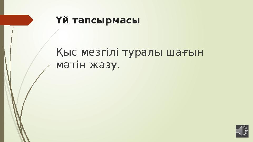 Үй тапсырмасы Қыс мезгілі туралы шағын мәтін жазу.