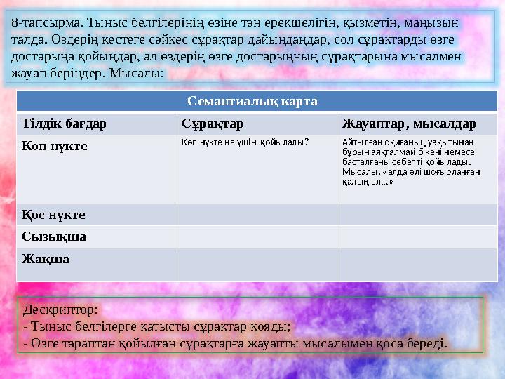 8-тапсырма. Тыныс белгілерінің өзіне тән ерекшелігін, қызметін, маңызын талда. Өздерің кестеге сәйкес сұрақтар дайындаңдар, сол