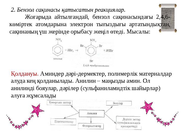 2. Бензол сақинасы қатысатын реакциялар. Жоғарыда айтылғандай, бензол сақинасындағы 2,4,6- көміртек атомдарына