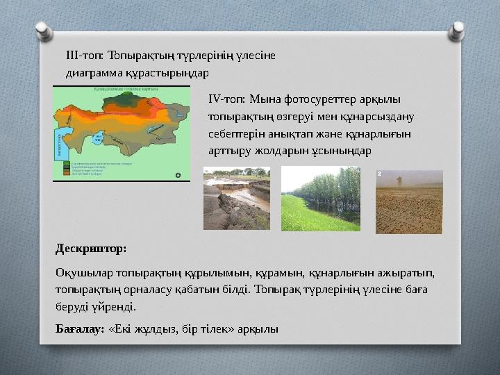 ІІІ-топ: Топырақтың түрлерінің үлесіне диаграмма құрастырыңдар ІV-топ: Мына фотосуреттер арқылы топырақтың өзгеруі мен құна