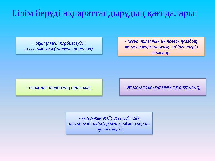 Білім беруді ақпараттандырудың қағидалары: - қоғамның әрбір мүшесі үшін алынатын білімдер мен мәліметтердің түсініктілігі; - ж