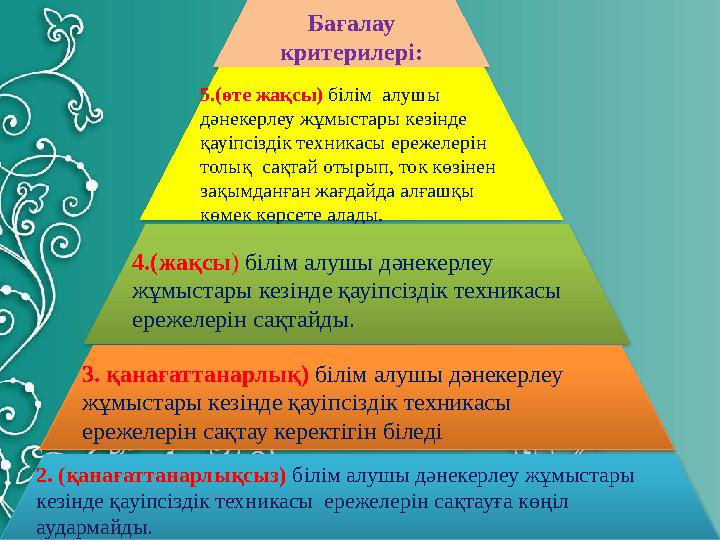 Бағалау критерилері: 5.(өте жақсы) білім алушы дәнекерлеу жұмыстары кезінде қауіпсіздік техникасы ережелерін толық сақт