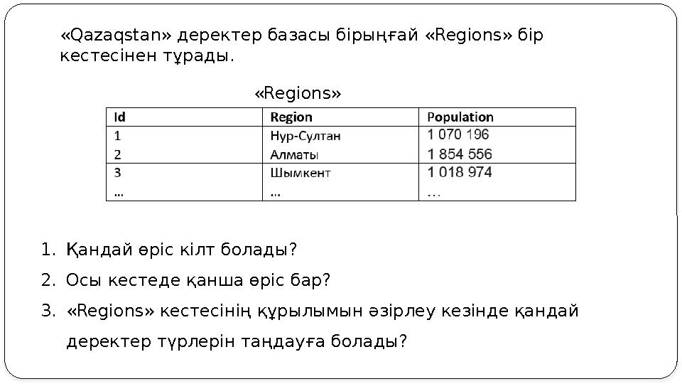 « Qazaqstan » деректер базасы бірыңғай « Regions » бір кестесінен тұрады. « Regions » кестесі 1. Қандай өріс кілт болады?