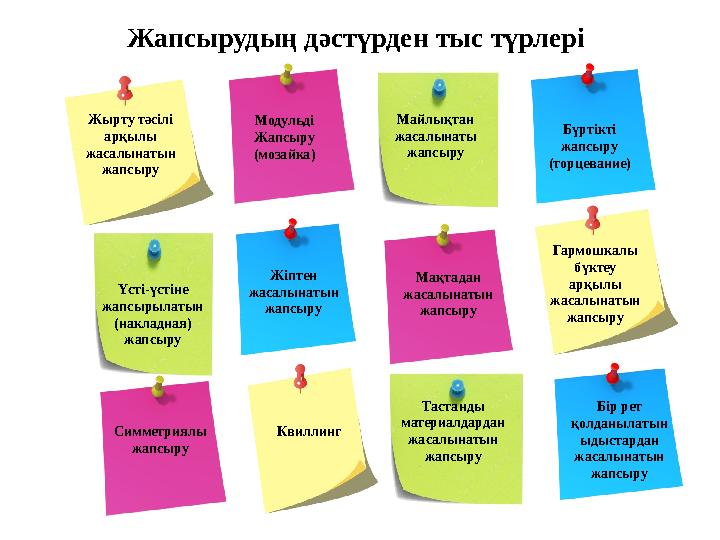 Жапсырудың дәстүрден тыс түрлері Жырту тәсілі арқылы жасалынатын жапсыру Модульді Жапсыру (мозайка) Майлықтан жасалынаты жап