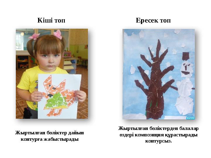Кіші топ Ересек топ Жыртылған бөліктер дайын контурға жабыстырады Жыртылған бөліктерден балалар өздері композиция құрастырады