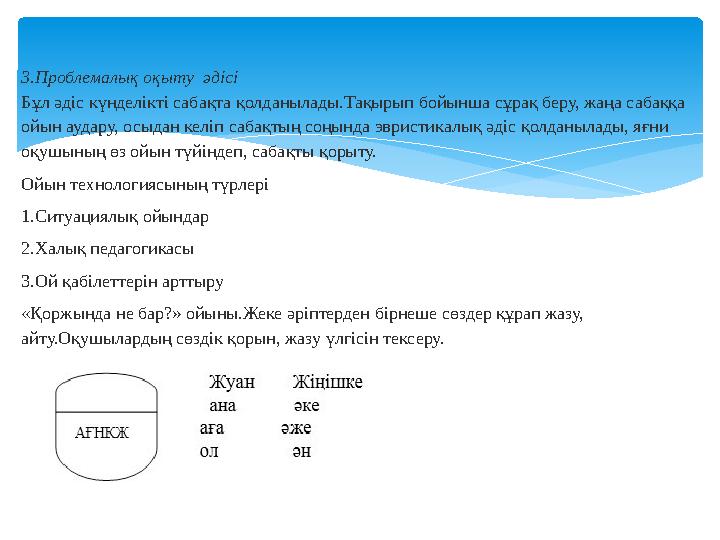 3.Проблемалық оқыту әдісі Бұл әдіс күнделікті сабақта қолданылады.Тақырып бойынша сұрақ беру, жаңа сабаққа ойын аудару, осыдан