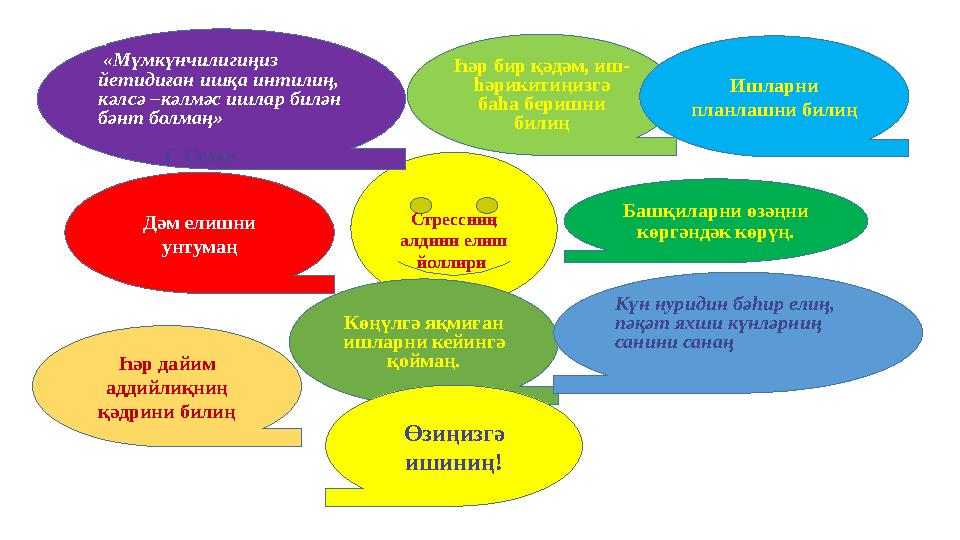 Стрессниң алдини елиш йоллири « «Мүмкүнчилигиңиз йетидиған ишқа интилиң, кәлсә –кәлмәс ишлар билән бәнт болмаң»