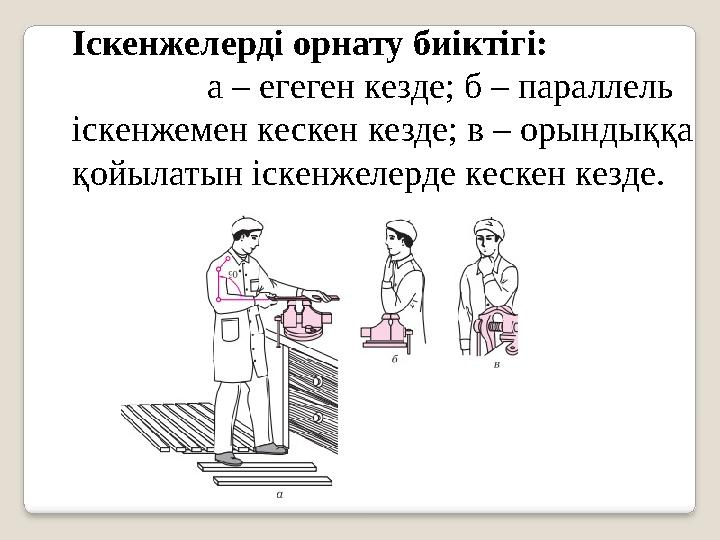 Іскенжелерді орнату биіктігі: а – егеген кезде; б – параллель іскенжемен кескен кезде; в – о