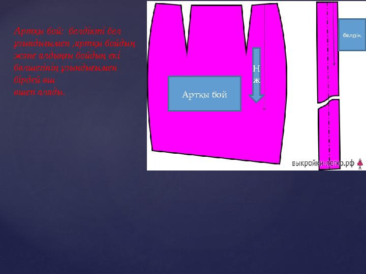 Артқы бой: белдікті бел ұзындығымен ,артқы бойдың және алдыңғы бойдың екі бөлшегінің ұзындығымен бірдей өш өшеп алады. Арт