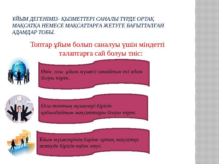 ҰЙЫМ ДЕГЕНІМІЗ - ҚЫЗМЕТТЕРІ САНАЛЫ ТҮРДЕ ОРТАҚ МАҚСАТҚА НЕМЕСЕ МАҚСАТТАРҒА ЖЕТУГЕ БАҒЫТТАЛҒАН АДАМДАР ТОБЫ . Топтар ұйым болып