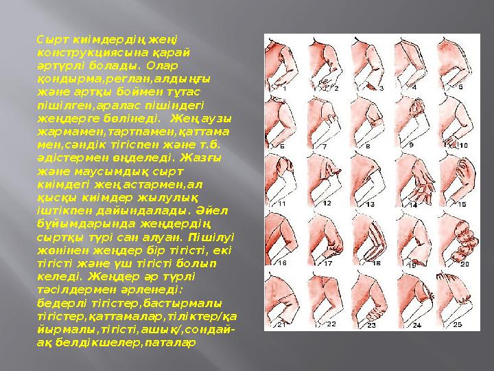 Сырт киімдердің жеңі конструкциясына қарай әртүрлі болады. Олар қондырма,реглан,алдыңғы және артқы боймен тұтас пішілген,ар