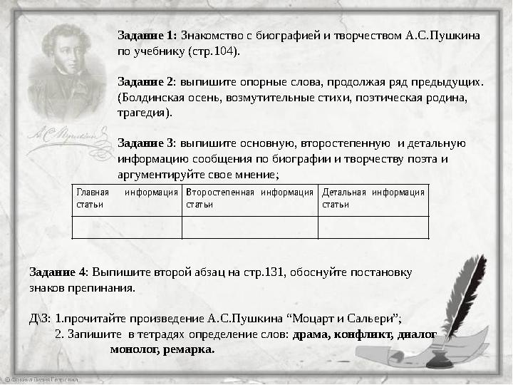 Задание 1: Знакомство с биографией и творчеством А.С.Пушкина по учебнику (стр.104). Задание 2 : выпишите опорные слова, продо