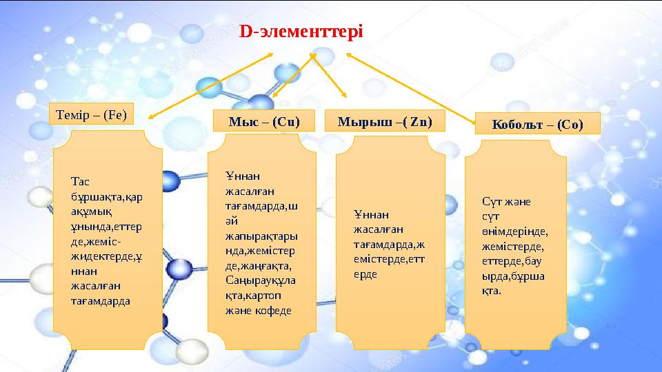 D-элементтері Тас бұршақта,қар ақұмық ұнында,еттер де,жеміс- жидектерде,ұ ннан жасалған тағамдарда Ұннан жасалған тағамда