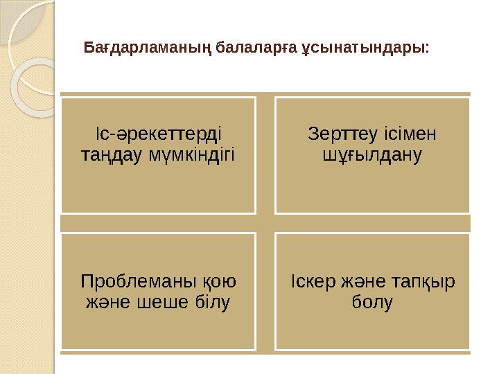 Бағдарламаның балаларға ұсынатындары: Іс-әрекеттерді таңдау мүмкіндігі Зерттеу ісімен шұғылдану Проблеманы қою және шеше білу