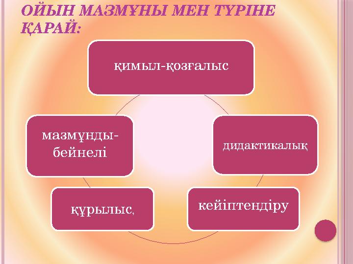 ОЙЫН МАЗМҰНЫ МЕН ТҮРІНЕ ҚАРАЙ: қимыл-қозғалыс дидактикалық кейіптендіру құрылыс ,мазмұнды- бейнел і