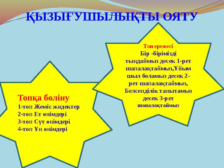 ҚЫЗЫҒУШЫЛЫҚТЫ ОЯТУ Топқа бөліну 1- топ Жеміс жидектер 2- топ Ет өнімдері 3- топ Сүт өнімдері 4- топ Ұн өнімдері Топ ережесі Бір