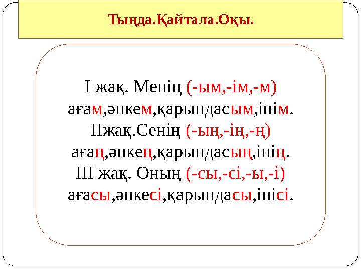 Тыңда.Қайтала.Оқы. І жақ. Менің (-ым,-ім,-м) аға м ,әпке м ,қарындас ым ,іні м . ІІжақ.Сенің (-ың,-ің,-ң) аға ң ,әпке ң ,қар