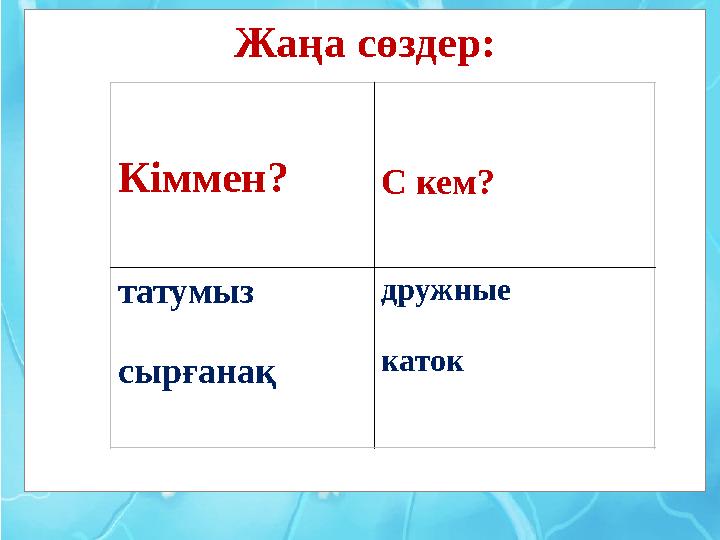 Жаңа сөздер: Кіммен? С кем? татумыз сырғанақ дружные каток