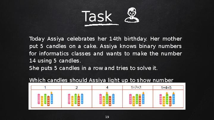 Task Today Assiya celebrates her 14th birthday. Her mother put 5 candles on a cake. Assiya knows binary numbers