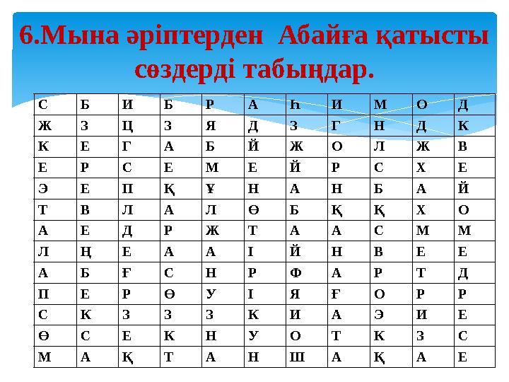 6.Мына әріптерден Абайға қатысты сөздерді табыңдар. С Б И Б Р А Һ И М О Д Ж З Ц З Я Д З Г Н Д К К Е Г А Б Й Ж О Л Ж В Е Р С Е