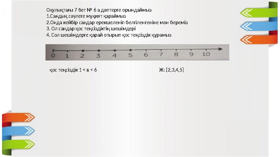 Ж: {2,3,4,5}қос теңсіздік 1 < в < 6Оқулықтағы 7 бет № 6 а дәптерге орындаймыз 1.Сандық сәулеге мұқият қараймыз 2.Онда кейбір са